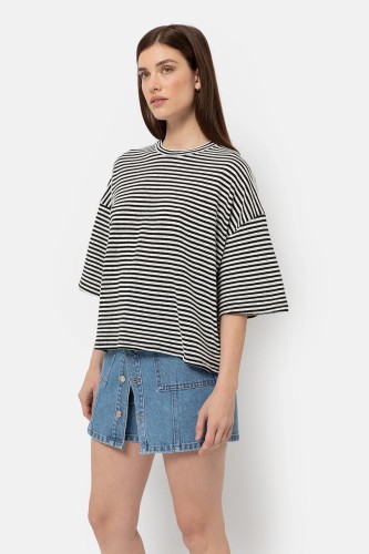 Klaxon Linen T-shirt | White & Black Stripes