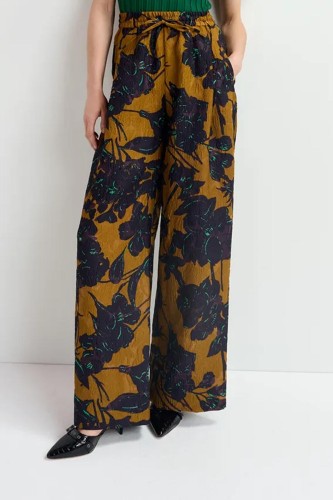 Pantalon large à imprimé fleuri bronze et bleu marine