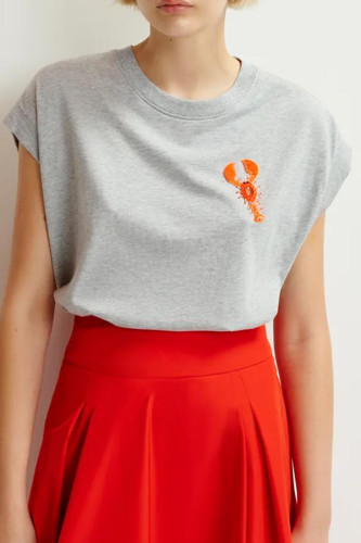 T-shirt en coton bio gris et orange à broderie